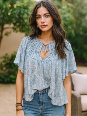 Bishop + Young Teal Smocked Flutter Sleeve Boho Blouse Size Small